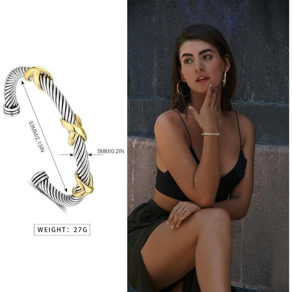 ⭐Women Twisted Cable Wire Bangles Bracelets Two Tone Three Cross Jewelry - Picture 5 of 6